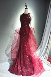 Wine Red Tulle And Sequins Halter Long Party Dress, Wine Red New Style Semi Formal Prom Dress